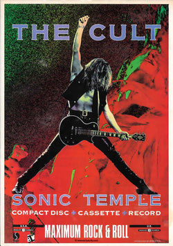 Vintage The Cult Sonic Temple rock poster featuring guitarist performing with raised fist on red textured background, classic 1980s rock album promotional artwork printed in high definition with Canon HD inks.