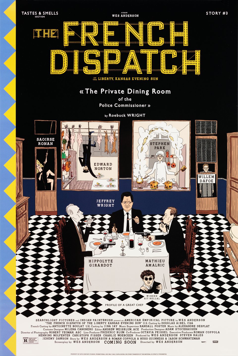 affiche The French Dispatch style illustration vintage avec scène de restaurant personnages dessin rétro cinéma Wes Anderson