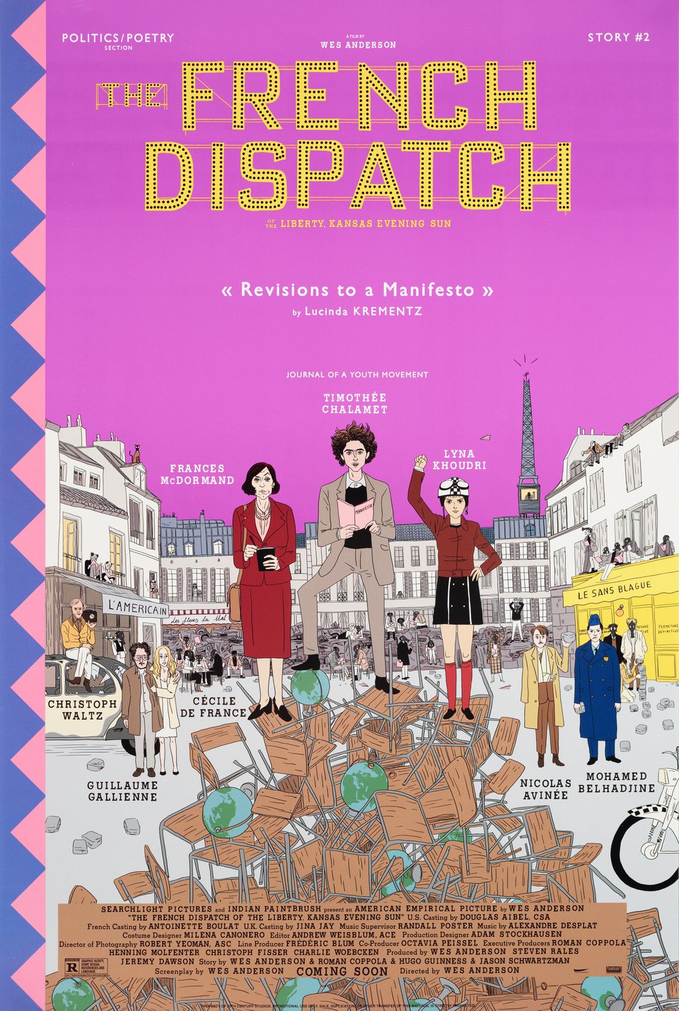 affiche The French Dispatch style illustration vintage colorée avec personnages et scène urbaine rétro ambiance cinéma Wes Anderson