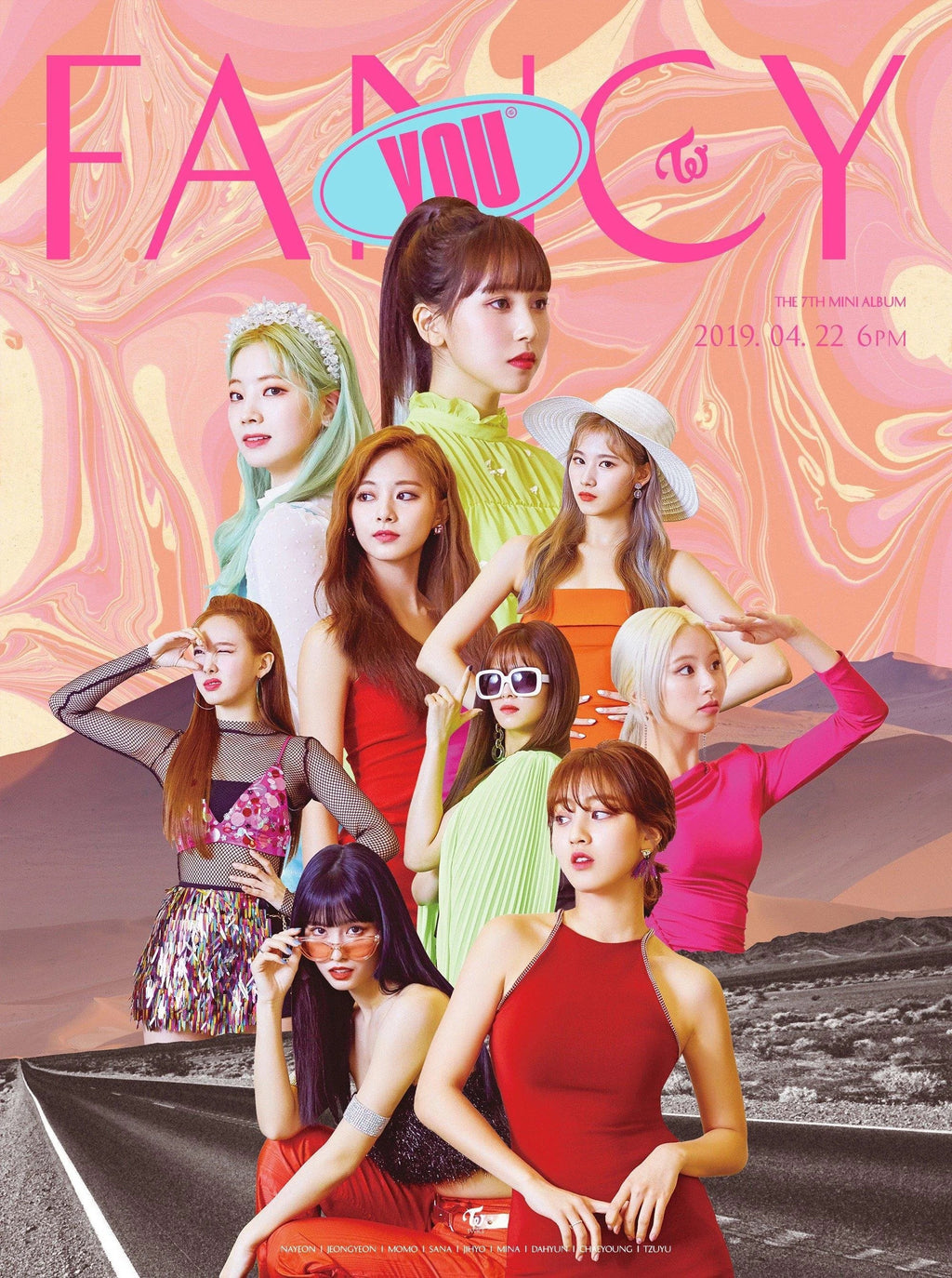 Affiche TWICE – Fancy You 7ème mini album 22 avril 2019 – photo officielle 9 membres fond psychédélique rose orange route désertique K-Pop collector | Poster Hub Studio


