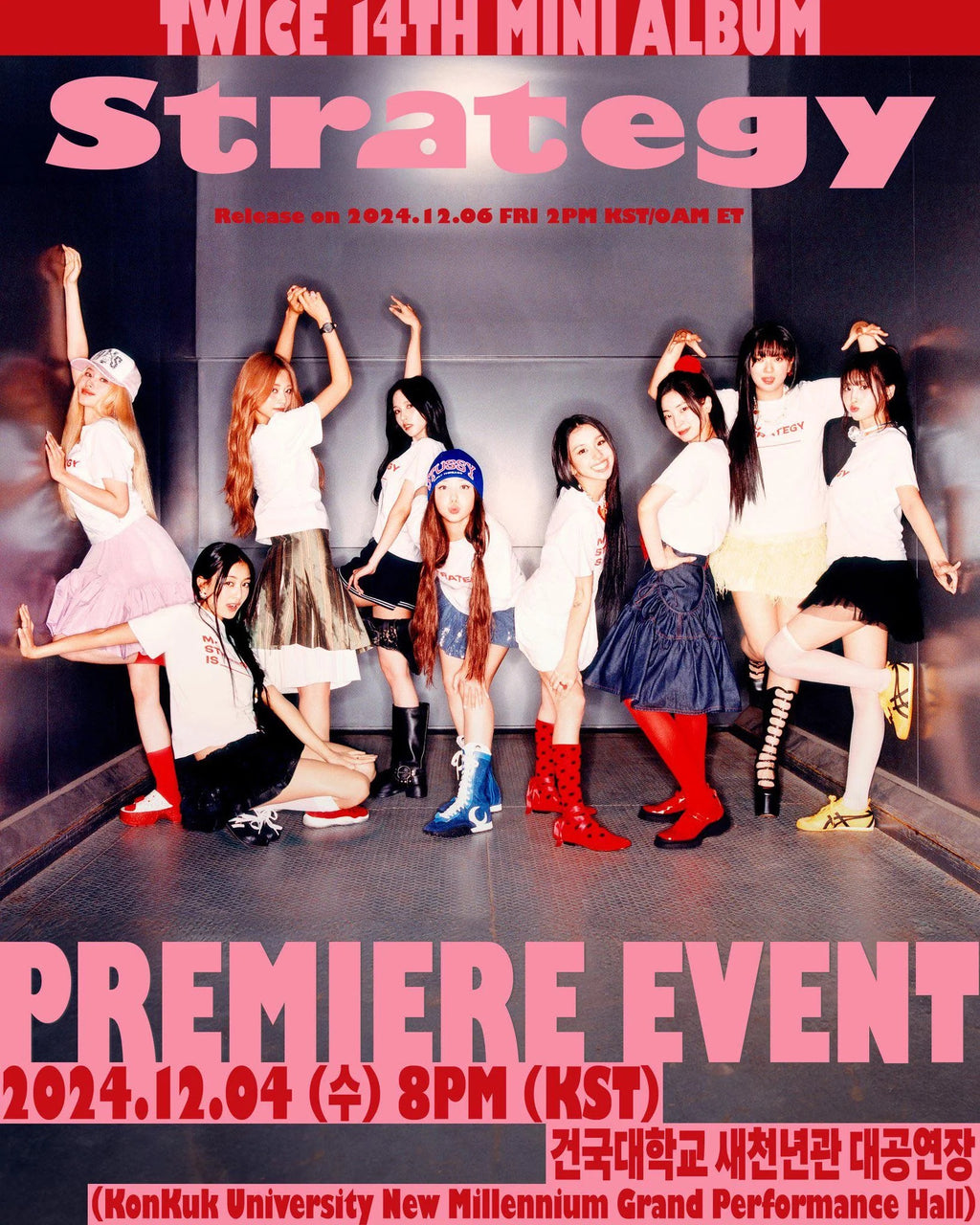 Affiche TWICE – Strategy 14ème mini album Premiere Event Séoul 4 décembre 2024 – photo officielle 9 membres tenues colorées K-Pop collector | Poster Hub Studio
