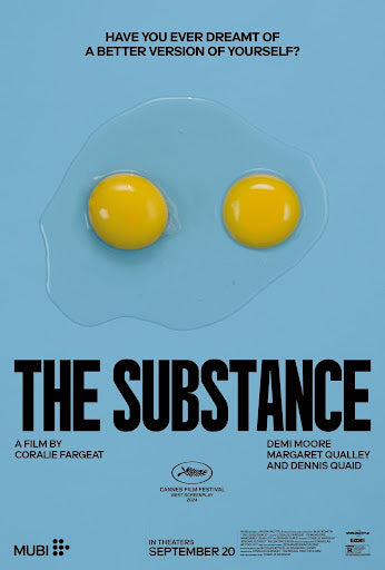 Affiche du film The Substance avec deux jaunes d’œufs sur fond bleu et un slogan sur la transformation personnelle, style minimaliste et artistique.