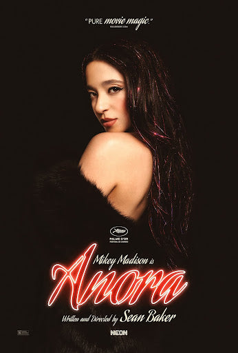 Affiche du film Anora montrant une femme de dos regardant la caméra, éclairage sombre avec titre en néon rouge, style élégant et minimaliste.