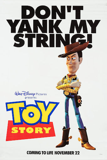 Affiche Toy Story avec le personnage de Woody debout les bras croisés et le texte “Don’t yank my string!” en haut, style coloré et minimaliste.